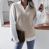 2021 New Fashion Women V Neck Print Knitted Vest Sweater Casual Sleeveless Loose Pullover Elegant Warm Lady Sweater