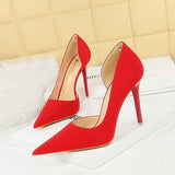 Breakj Simple Banquet High Heels With Shallow Mouth Pointed Side Hollow Out Vintage Lychee Grain High