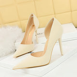 Breakj Simple Banquet High Heels With Shallow Mouth Pointed Side Hollow Out Vintage Lychee Grain High