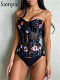2022 Summer Spring Women Flowers Embroidery Tops Corset Sexy Crop Backless Party Club Tube See Through Tank Casual