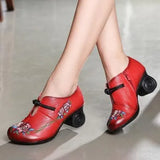 Women Embroidery Pumps Grey Lady 6CM High Heels Shoes Handmade Women Genuine Leather Pumps Autumn Shoes
