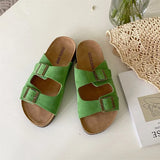 Summer Women's Two Buckle Cork Slippers Cow Suede Leather Flats Sandals For Women Retro Fashion Garden Mule Clog