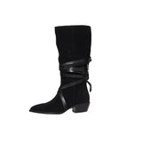 On Med Calf Boots Woman Simple Pleated Shoes Cow Suede INS Hot Botas Korea Cross-Tied Spring Autumn Woman Boots Pointed