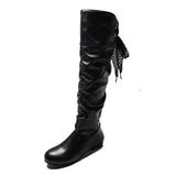 Knee High Boots Red Black White Tall Boots Woman Pleated Low Heel Casual Leather Autunm Winter Female Long Shoe