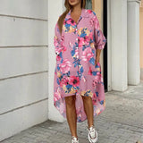 Women Turn-down Collar Flower Print Casual Shirt Dress Fashion Summer Half Sleeves Buttons Cardigan Irregular Elegant