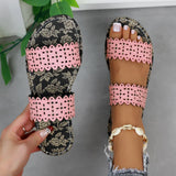Breakj Plus Size Flat Slippers Female Summer Wear One-Drag Hollow-Out Fashion Print Casual Beach