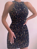 2022 Sexy Skinny Hip Party Dress Women Fashion Sequin Solid Color Sleeveless Club Mini Dress Summer Elegant Women Dress