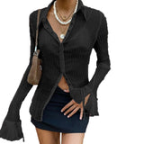 Vintage White Folds Cute Y2K Shirts Women Elegant Fashion Flared Sleeve Button Tops See Through Sexy Mesh E Girl