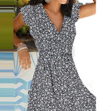 Summer 2021 New Casual Floral Print V Neck Pullover A-line Dress Fashion Short Sleeves Elegant Office Lady Party