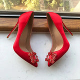 Square Rhinestones Women Rose Silk Satin Sexy Pointy Toe High Heel Wedding Bridal Shoes Elegant Ladies Stiletto