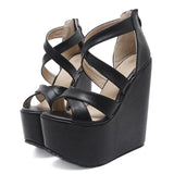 Height 17cm Platform Wedges Shoes Black White With Cross Straps Ultra High Heel Hot Footwear Sandals Zipper Party On