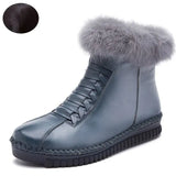 Handmade Genuine Leather Women Boots Rabbit Fur Flat Ankle Boots Women Snow Boots Winter Warm Casual Shoes Botas