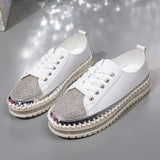 Shoes for Women Sneakers Crystal Thick Soles Casual Rhinestones PU Walking Flats Thick Bottom Lace Up Shoes Plus Size