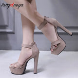 Buckle Strap Woman Sandals Party String Square heel Shoes Summer Sexy Woman Shoes Black Platform High Heel