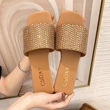Breakj Version Of Water Diamond Flat Bottom Slippers Female Type One Foot Pedal Home Clothing Slippers Women's
