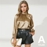 2022 Fashion Women's Satin Blouses Celmia Elegant High Collar Tunic Tops Luxury Solid Silky Shirts Lantern Sleeve Blusas