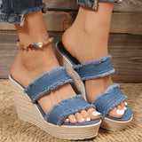 Denim Wedge High Heels Sandals Women Slip On Chunky Platform Slippers Woman Fashion Blue Thick Sole Slides Plus Size