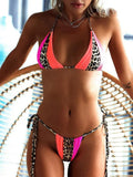 Women Sexy Leopard Patchwork Halter Tie-up Bikini Set Two Piece Fashion Push Up Beachwear Simple Triangle Bag Backless