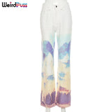 Puss Y2K Cyber Cotton High Waist Pants Landscape Print Women Baggy Casual Straight Jogger Chic Streetwear Summer