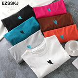 summer Women basic heart embroidery T-shirt Casual Loose short sleeve bottom candy color cotton T-shirt Female
