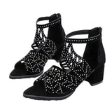 2020 New Style Women Summer Hollow Out Faux Leather Rhinestones Thick Heel Zipper Sandals Shoes