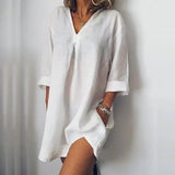 Plus size Pocket Half Sleeve Cotton Linen Dress Women 2019 Summer sexy V-neck split Mini Dresses Femme beach style Dress