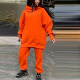 Casual Fleece Two Piece Set Long Sleeve Hoodie Pullover Sweatshirt And Jogging Sweatpant Suit Loose Solid Female