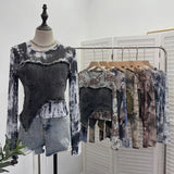 Solid Shooting Tie-Dye Print Spliced Denim T-Shirt Girl Autumn Design Sense Irregular Hair Side Short-Sleeved Top