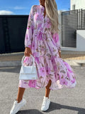 2022 Women's Dress New V-Neck Long Sleeve Elegant Casual Dress Office Fashion Floral Print Lace-Up Slim Waist Large Swing