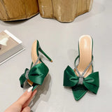 CRYSTAL Butterfly-knot Mule High Heels Slippers Sandals Pointed Toe Strappy Slides Party Women Slippers Shoes
