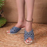 Breakj Hemp Rope Woven Edge Rivet Decorative Wedge Slippers Women Denim Large Size Wedge Slippers