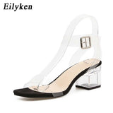 2022 PVC Jelly Sandals Crystal Leopard Open Toed High Heels Women Transparent Heel Sandals Slippers Square heel