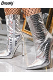 Style Sexy Women Boots 2023 New Trendy Thin Heels Metal Shiny Female Boots Pointed Toe Zipper Club Queen Mid Calf
