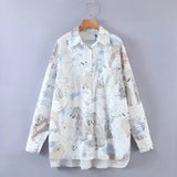 Dog Print Single Pocket Loose Shirts Female Long Sleeve Blouses Casual Lady Turndown Collar Tops Blusas