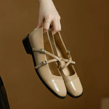Women Genuine Leather Patchwork Buckle Strap Round Toe Elegant Mary Janes Shoes Ladies Low Heels Dress Retro Wedding