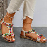Beaded Flowers Flat Heeled Sandals Women Summer 2023 Plus Size Open Toe Bohemian Sandals Woman Elastic Strap Rome