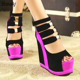 Shoes Summer Genuine Women Platform Thick Soles Sandals Wedges High heel 14cm Peep Toe Mixed Colors Sexy Shoes