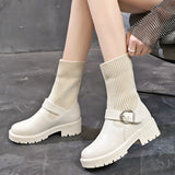 Breakj 2025 Autumn And Winter New British Wind Rough And Martin Boots Women's Woolen Mouth Belt Buckle Base Elastic Thin Short