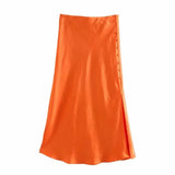 Satin Elastic waist Women Side Slit Midi Skirt 2020 New Fashion Casual Lady Button decoration Slim A-Line Skirts