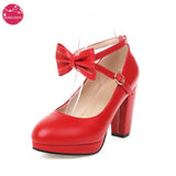Ankle Strap Lolita Shoes Womens Platform High Heels Cute Pumps Sweet Bow Ladies Office Footwear Cosplay Red White Pink