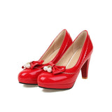 Fashion Pumps Women Round Toe Spike High Heels Slip On Bow Pearls Platform Patent Leather Sexy Party Club Shoes Ladies