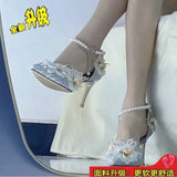 Breakj Small Fragrant Wind Tip High Heels Women 2025 Spring And Summer Lace Flowers Fine Heel Wedding Shoes Pearl Chain Single