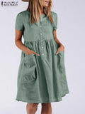ZANZEA Women Elegant Dress Casual Loose Holiday Robe Summer Short Sleeve O Neck Solid Sundres Female Solid Vestidos
