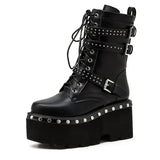 2021 Spring Lace-Up Motorcycle Boots For Women Round Toe Thick Platform High Heels Female Ankle Boots Gothic Style