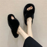 Winter Women House Furry Slippers Fashion Faux Fur Warm Comfortable Women Flats Female Home Slides Black Plush