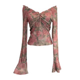 Vintage Print V-Neck Horn Sleeve Top Wooden Ear Lace With Short-Sleeved Long-Sleeved T-Shirt