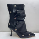 Breakj New High Heel Pointed Metal Rivet Jeans Splicing Two Wear Pile And Knee Boots Large Size Women's