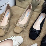 Tie Shallow Mouth Single Shoes Women's Thick Heels 2024 Spring And Autumn New Style Square Head Middle Heel Grandma Shoes High Heel Work
