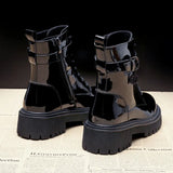 Winter Ankle Boots Women Black Platform Patent Leather Wedges Short Boots Female Fashion Mid Heels Round Toe