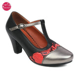 Retro Mary Janes Classsic Lolita Shoes Sexy Snake Pattern Stitching Patchwork T-Strap Buckle Round Toe High Kitten Heel